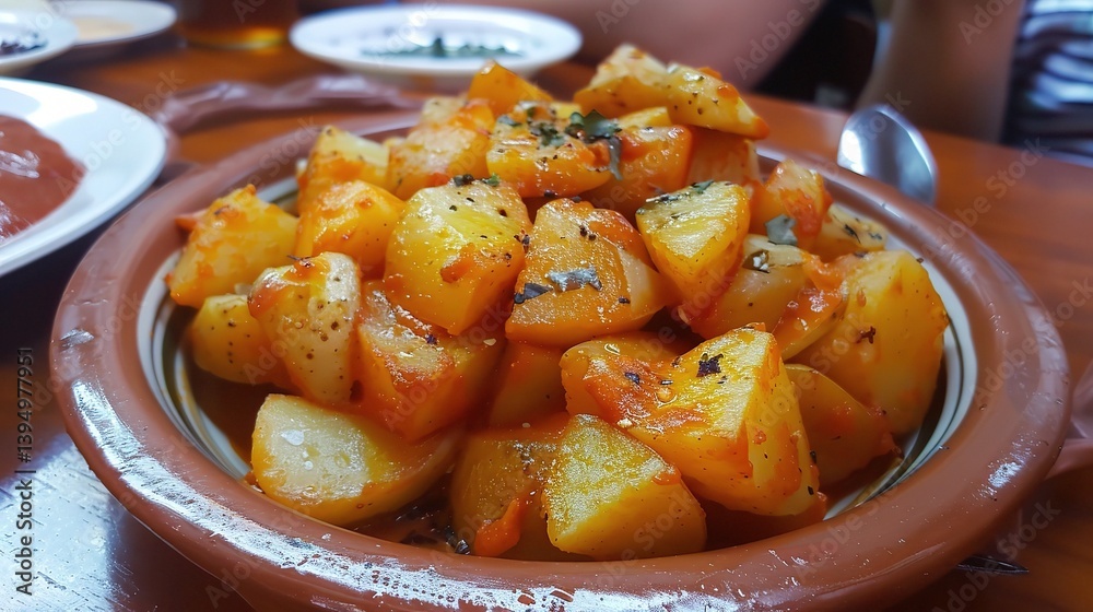 An inviting plate of Patatas bravas is attractively showcased. The Patatas bravas features golden - brown, crispy potato cubes that are fried to perfection An inviting plate of Patatas bravas is attractively showcased. The Patatas bravas features golden - brown, crispy potato cubes that are fried to perfection