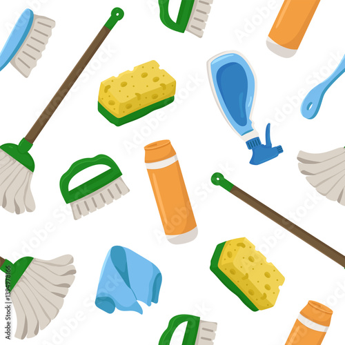 Vector seamless pattern with cleaning items. Drawing for packaging, business cards and wallpaper