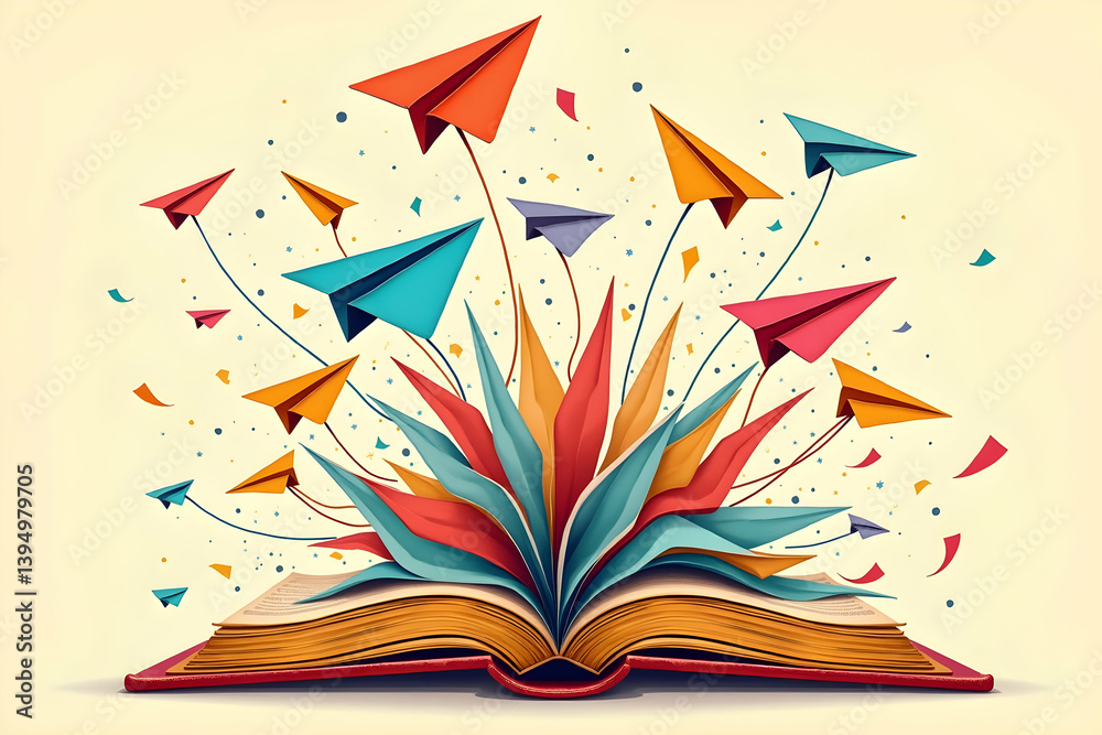 Delightful Journey of Knowledge, An Enchanting Illustration Showcasing Vibrant Paper Airplanes Soaring from the Pages of an Open Book Representing Dreams and Education