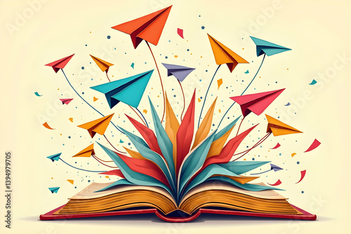 Obraz na płótnie Delightful Journey of Knowledge, An Enchanting Illustration Showcasing Vibrant Paper Airplanes Soaring from the Pages of an Open Book Representing Dreams and Education w salonie