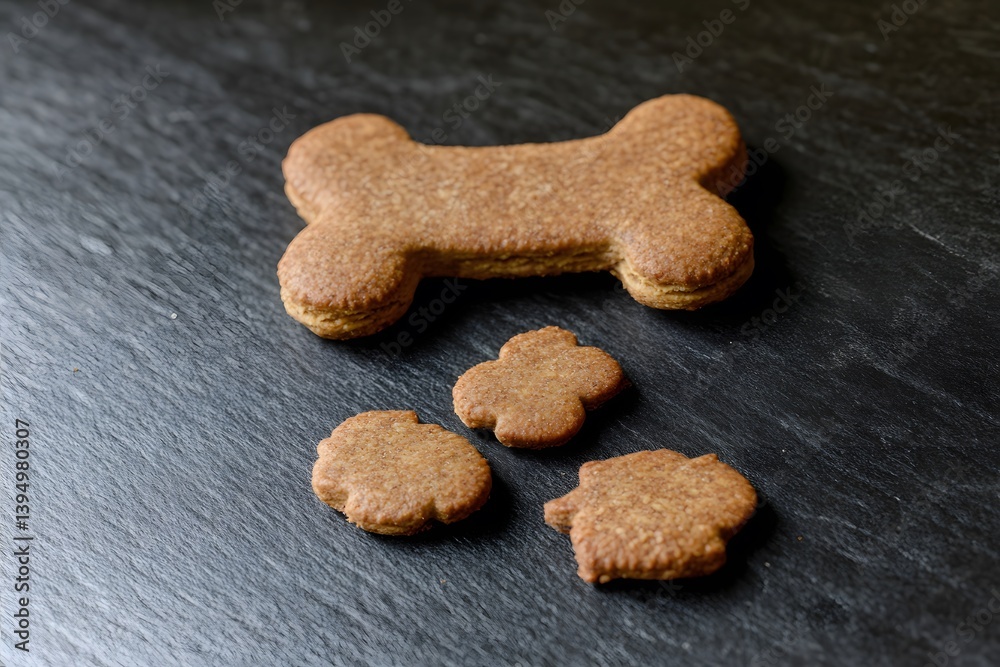 Fototapeta premium Homemade Dog Bone and Paw Print Biscuits on Dark Surface