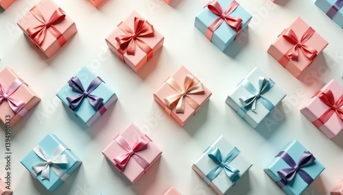 Elegant repeating gift box pattern, pastel hues, packaging, wrapping, colorful