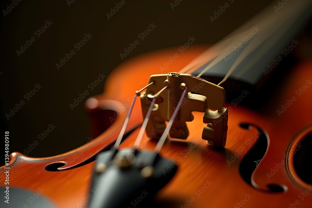 Fototapeta premium Detailed close up capturing the elegance of a violin, showcasing its exquisite craftsmanship, smooth curves, and rich warm tones of the wood and strings for an artistic feel