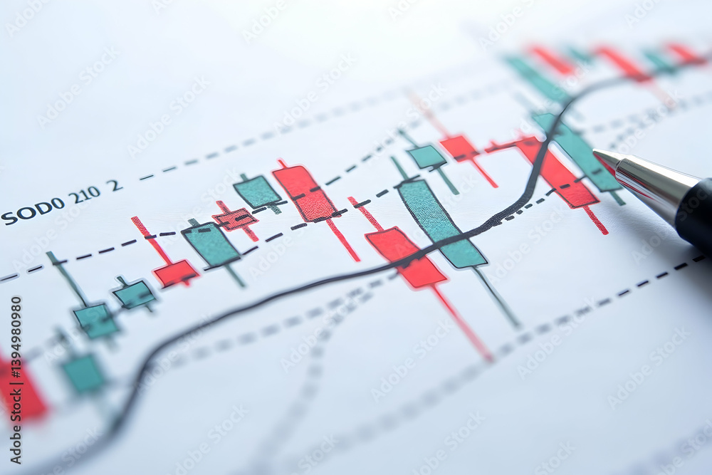 Detailed close up of a financial chart with upward trending black line and a pen resting on the graph, indicating an analysis of market performance Detailed close up of a financial chart with upward trending black line and a pen resting on the graph, indicating an analysis of market performance