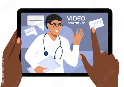 African Hands Hold Tablet and pointing to the screen with doctor. Video call. Specialist communicates with patient of online. Technology concept. Vector illustration.
