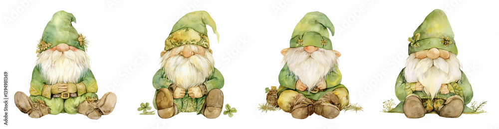 Naklejka premium Adorable Watercolor Gnomes Sitting Together in Green Outfits Perfect for St Patrick's Day or Spring Designs