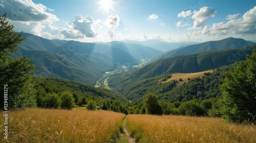 Vibrant photo of Cevennes National Park in France at midday, under mild, sunny summer weather, shot from a panoramic perspective.