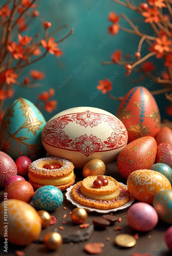 Fototapeta premium Easter composition with eggs, cookies and flowers on a dark green background