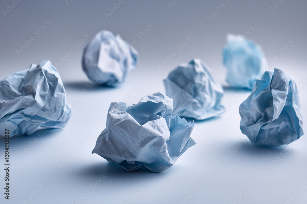 Naklejka premium Close-up of crumpled light-blue paper balls scattered on a pale-blue surface, showcasing texture and form, symbolizing discarded ideas or brainstorming process