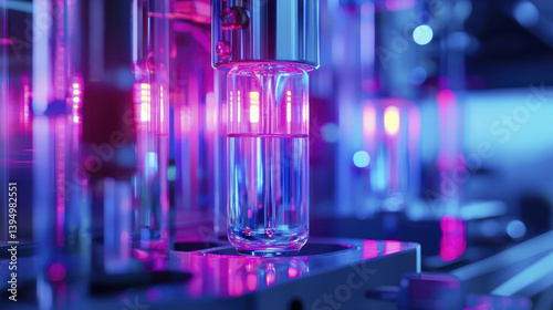 Glowing laboratory tools create dynamic atmosphere with vibrant colors and reflections, showcasing innovation and technology