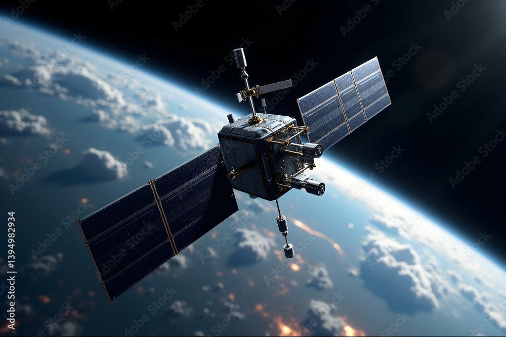 Fototapeta premium Detailed Image of a Silver Satellite with Solar Panels Orbiting Above Earth's Clouds and City Lights, Showcasing Advanced Space Technology and Exploration
