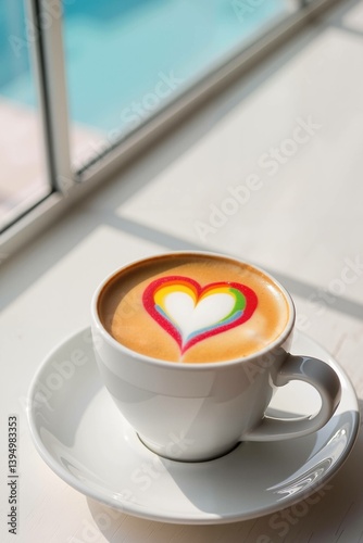 A coffee cup with a multicolored latte pattern in the shape of a heart on a blurred background of a bright window