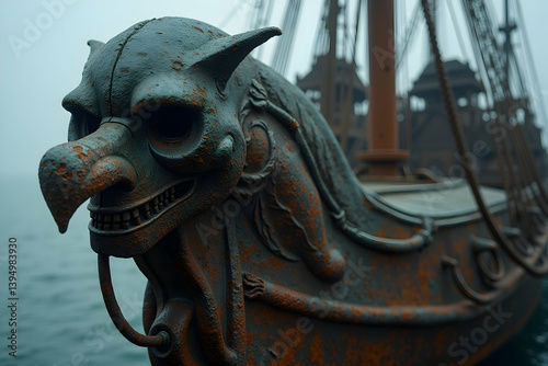 Detailed photograph showcasing the majestic prow of a historic ship featuring an ornate gargoyle figurehead weathered by time and sea, with the ocean visible