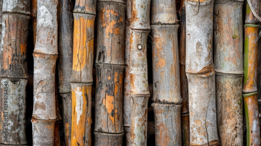 Close-up of aged bamboo stalks with peeling bark and cracked surfaces, showcasing a rustic, weathered texture. A natural and organic background with earthy tones Close-up of aged bamboo stalks with peeling bark and cracked surfaces, showcasing a rustic, weathered texture. A natural and organic background with earthy tones