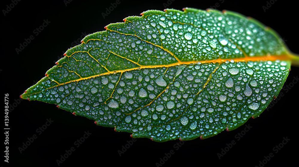 A highly detailed photography of morning dew delicately clinging to the vibrant green veins of a fresh leaf, capturing every drop in stunning clarity.