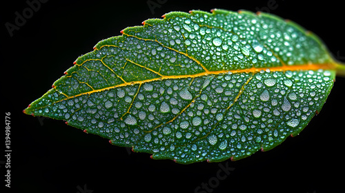 Obraz na płótnie A highly detailed photography of morning dew delicately clinging to the vibrant green veins of a fresh leaf, capturing every drop in stunning clarity. w salonie