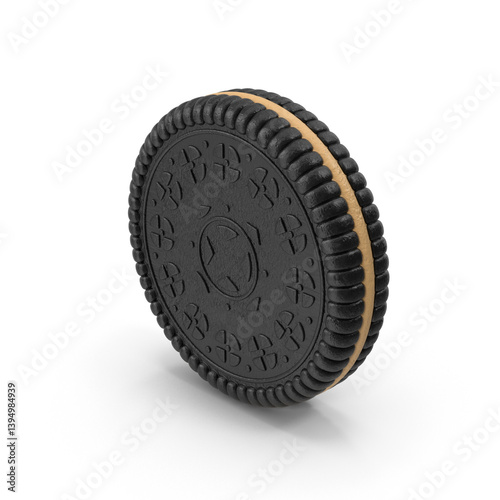 3D rendering close-up of chocolate sandwich black cookie biscuit with cream filling intricate pattern design isolated on a white background