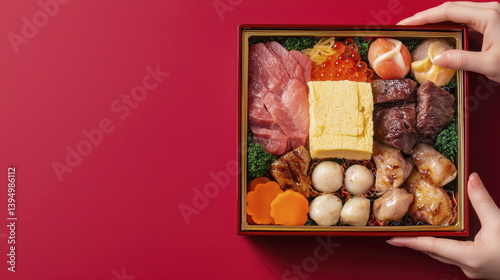 vibrant traditional bento box filled with assorted delicacies, showcasing colorful ingredients and textures