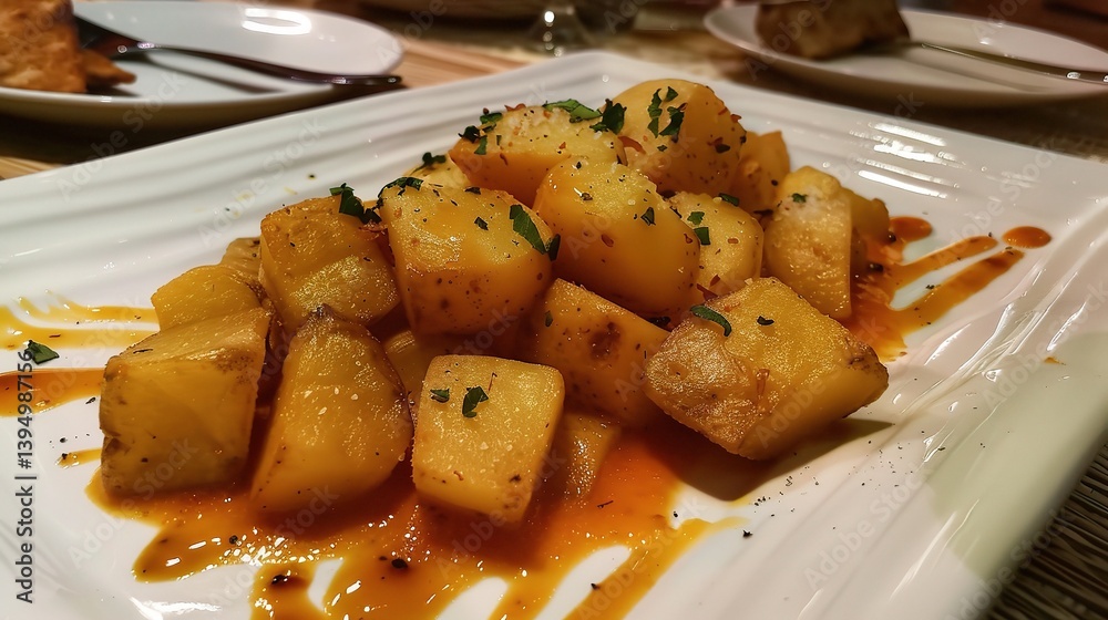 An inviting plate of Patatas bravas is attractively showcased. The Patatas bravas features golden - brown, crispy potato cubes that are fried to perfection An inviting plate of Patatas bravas is attractively showcased. The Patatas bravas features golden - brown, crispy potato cubes that are fried to perfection