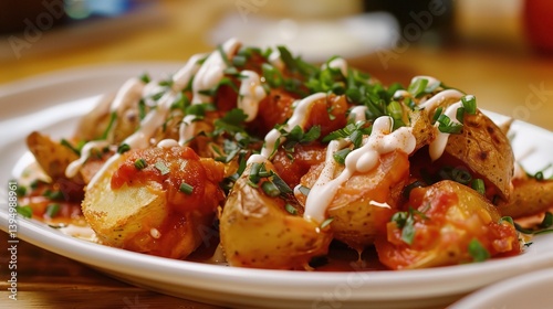 An inviting plate of Patatas bravas is attractively showcased. The Patatas bravas features golden - brown, crispy potato cubes that are fried to perfection