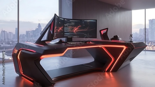 A dynamic gaming setup with sleek furniture and customizable lighting 