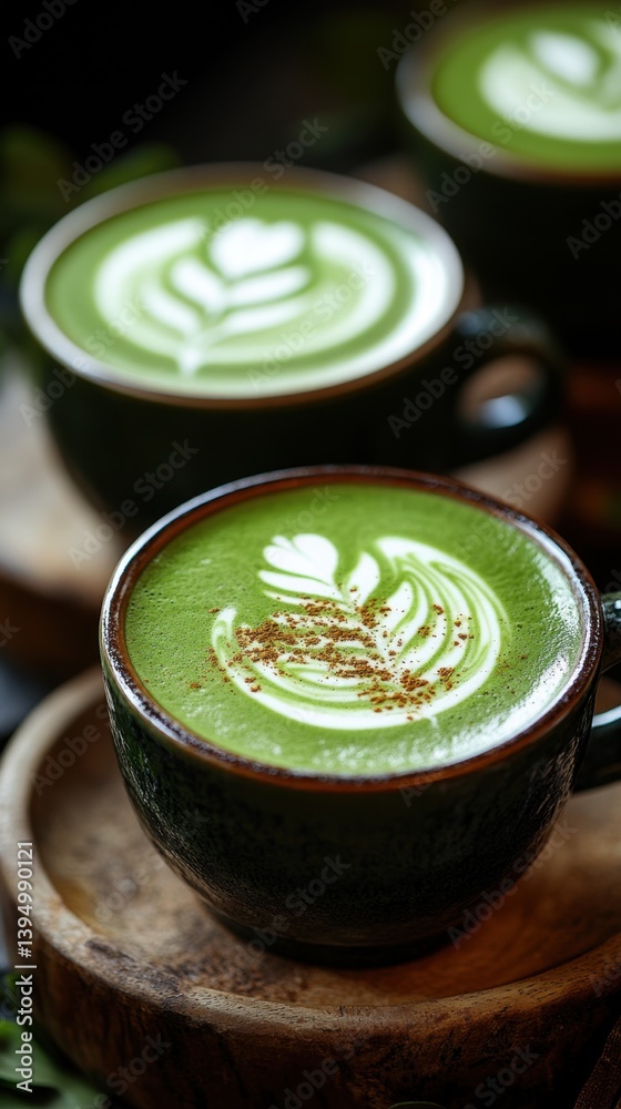 Close up of vibrant green matcha latte art in dark ceramic mug on wooden tray offering a cozy and inviting cafe atmosphere perfect for a relaxing moment