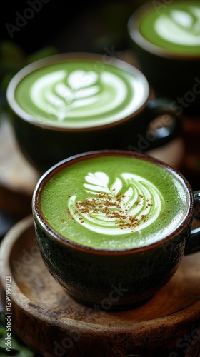 Obraz na płótnie Close up of vibrant green matcha latte art in dark ceramic mug on wooden tray offering a cozy and inviting cafe atmosphere perfect for a relaxing moment w salonie