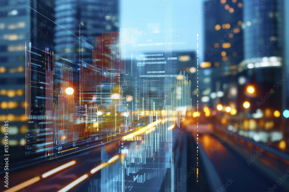 Fototapeta premium futuristic cityscape with digital data overlays, showcasing technology and innovation in urban environments