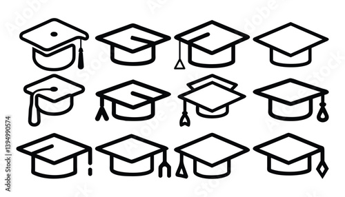 outline art graduation black cap icons set in various styles and angles