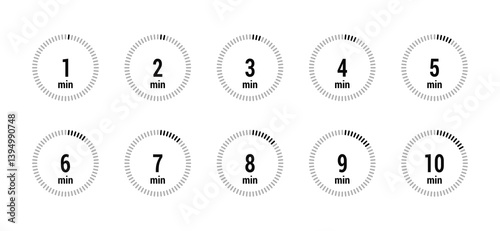 timer minutes 1, 2, 3, 4, 5, 6, 7, 8, 9, 10 symbol set icon vector black style isolated on white background. Clock, stopwatch, sport icon