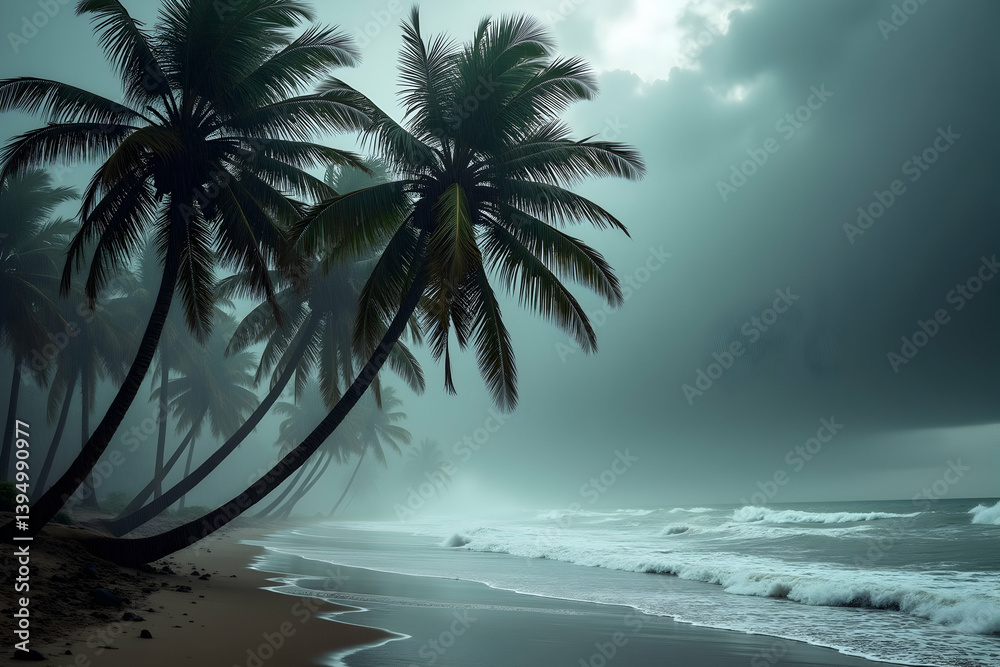 Fototapeta premium Dramatic coastal scene with palm trees swaying under a stormy sky, where the sea meets the sandy shore in a high contrast, evocative, and captivating seascape