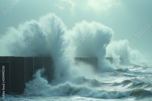 Dramatic ocean scenery showcasing towering waves crashing against a sturdy breakwater under an overcast sky creating a powerful and dynamic seascape
