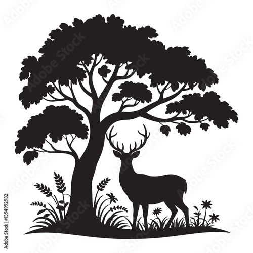 Deer black silhouette vector illustration animals deer and forest fir spruce trees