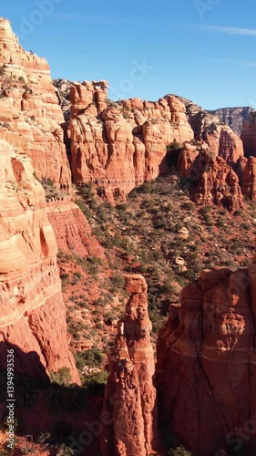 Vertical Drone Shot of Sandstone Cliffs and Tower Rock Formations, Landscape of Sedona Arizona USA