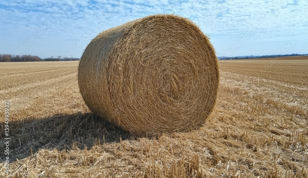 A large round bale of hay is lying in the middle, surrounded by cut grain fields. The photo was taken from behind and shows two more straw bales standing next to it. A large round bale of hay is lying in the middle, surrounded by cut grain fields. The photo was taken from behind and shows two more straw bales standing next to it.