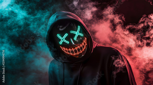 Mysterious figure in a hoodie wearing a glowing neon mask with stitched smile and crossed eyes, surrounded by dark smoke, evoking a cyberpunk or hacker vibe.
