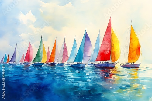 Colorful Sailboats at Sea