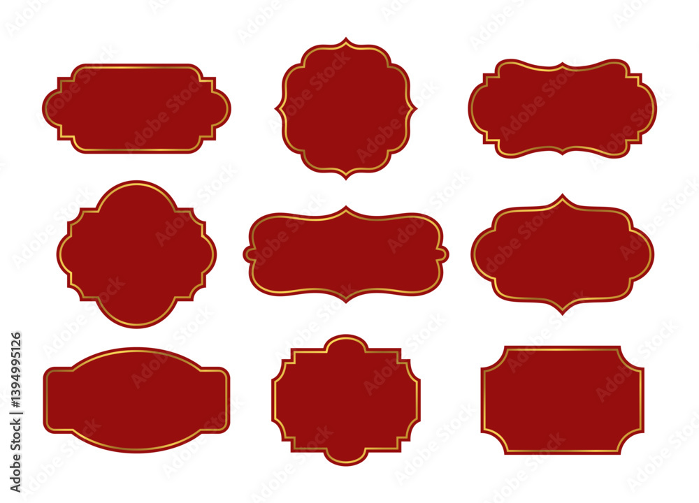 Elegant red frames with golden contour luxury labels invitation border with place text for islamic holidays wedding invitations celebrations packaging and polygraph design