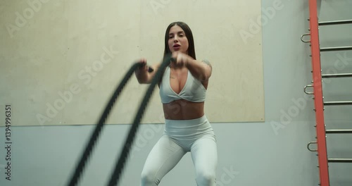 Sporty girl with tattoo in white sportswear doing intense exercises with crossfit ropes during cardio in gym