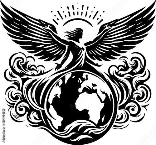 sketch vector illustration design image icon logo symbol winged angel guardian of the world with armed  