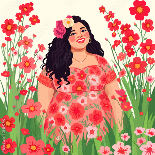Happy smiling plus size young woman among flowers. Body positive concept. Bright vector illustration