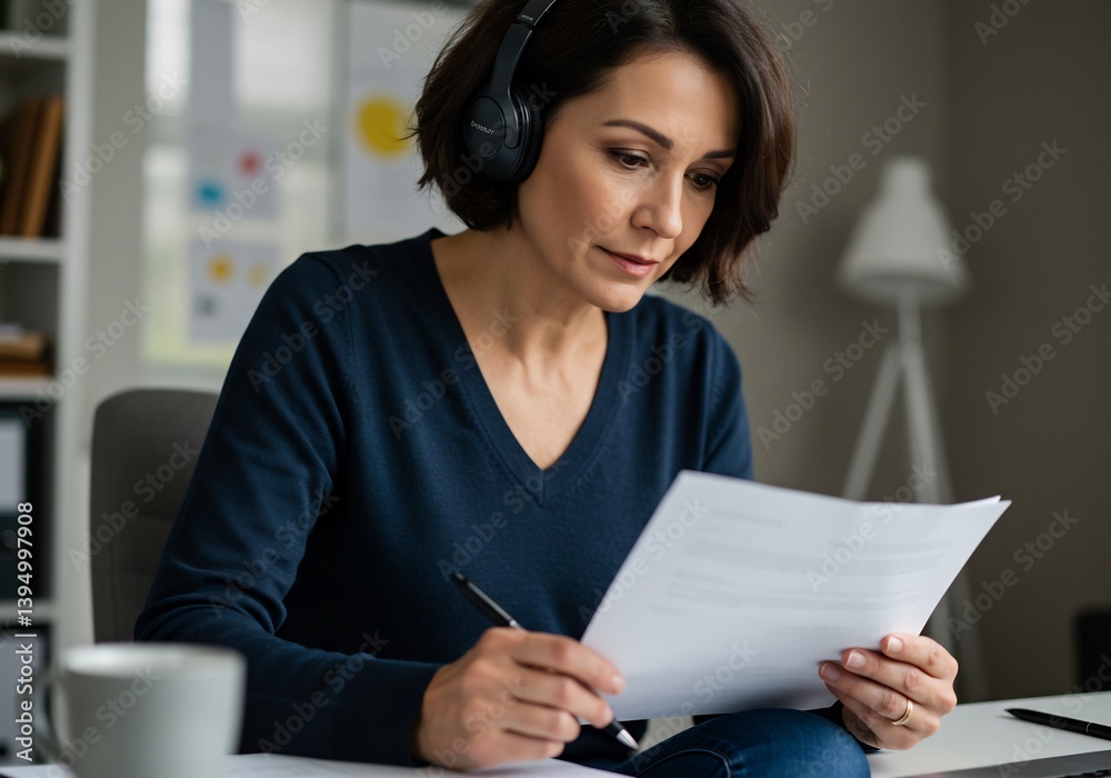 Focused Woman Reviews Documents Soft Light. AI Generated Focused Woman Reviews Documents Soft Light. AI Generated