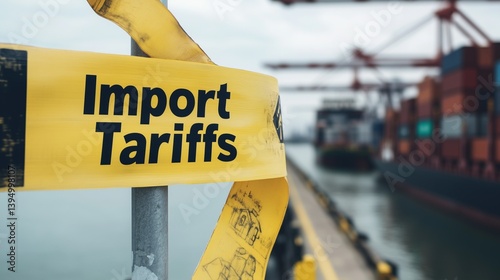 Wallpaper Mural Yellow tape with 'import tariffs' near cargo port symbolizes trade barriers. Torontodigital.ca