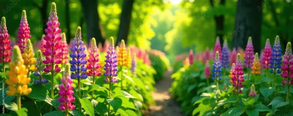 Obraz premium Colorful lupine blooms against a green backdrop, lupine, trail
