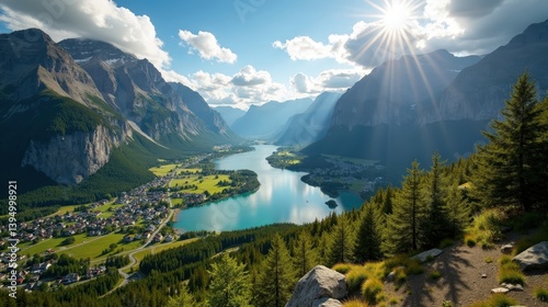 Breathtaking aerial shot of Romsdalen valley in Norway, illuminated by bright midday sunshine and scenic views.