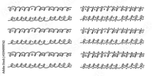 Line Wave Squiggle Doodle Border Set. Wavy Underline Curve Frame Decoration Collection. Handdrawn Vector Divider Element