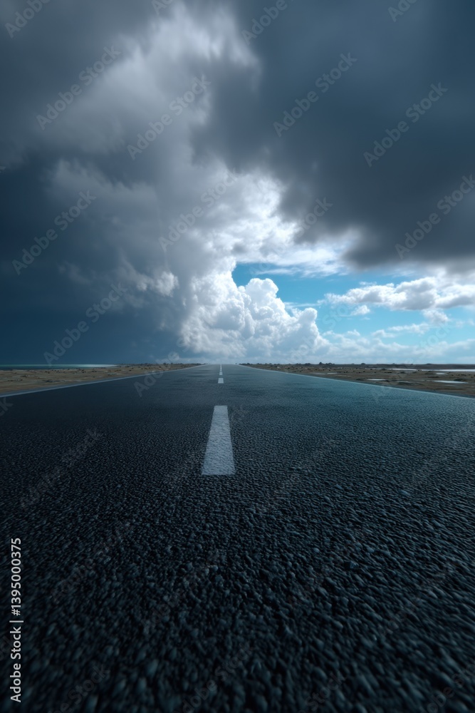 Dramatic asphalt road stretching into the horizon under a moody sky with approaching storm clouds and distant blue sky offering a sense of journey and adventure