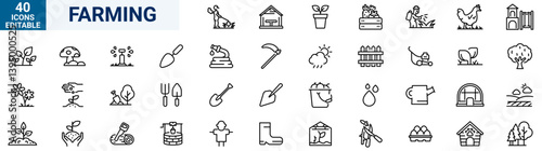 Farming web line icons. Garden. Containing plant, flowers, trees, watering can, fence, cultivate and gardening icons. Vector illustration