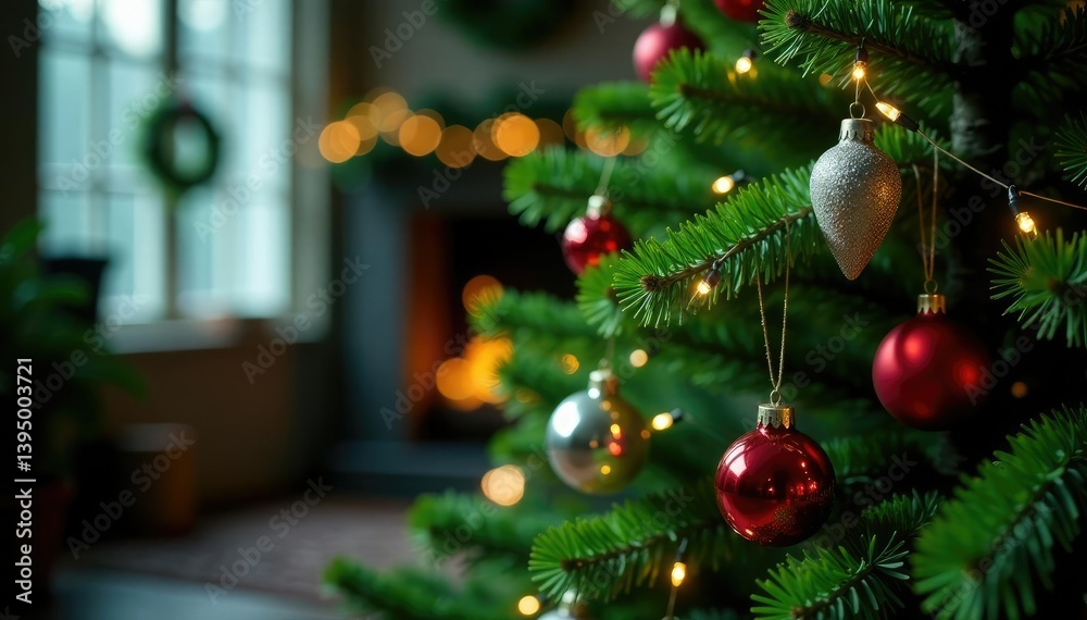 Evergreen Christmas tree with ornaments and lights, Christmas tree, evergreen Evergreen Christmas tree with ornaments and lights, Christmas tree, evergreen