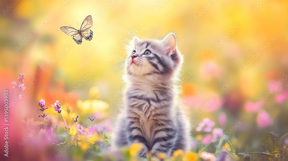 Fototapeta premium Kitten in Flower Field, Watching Butterfly